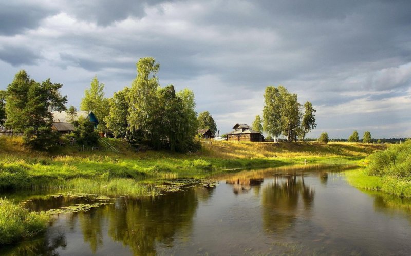 Пейзаж лес поле речка деревня