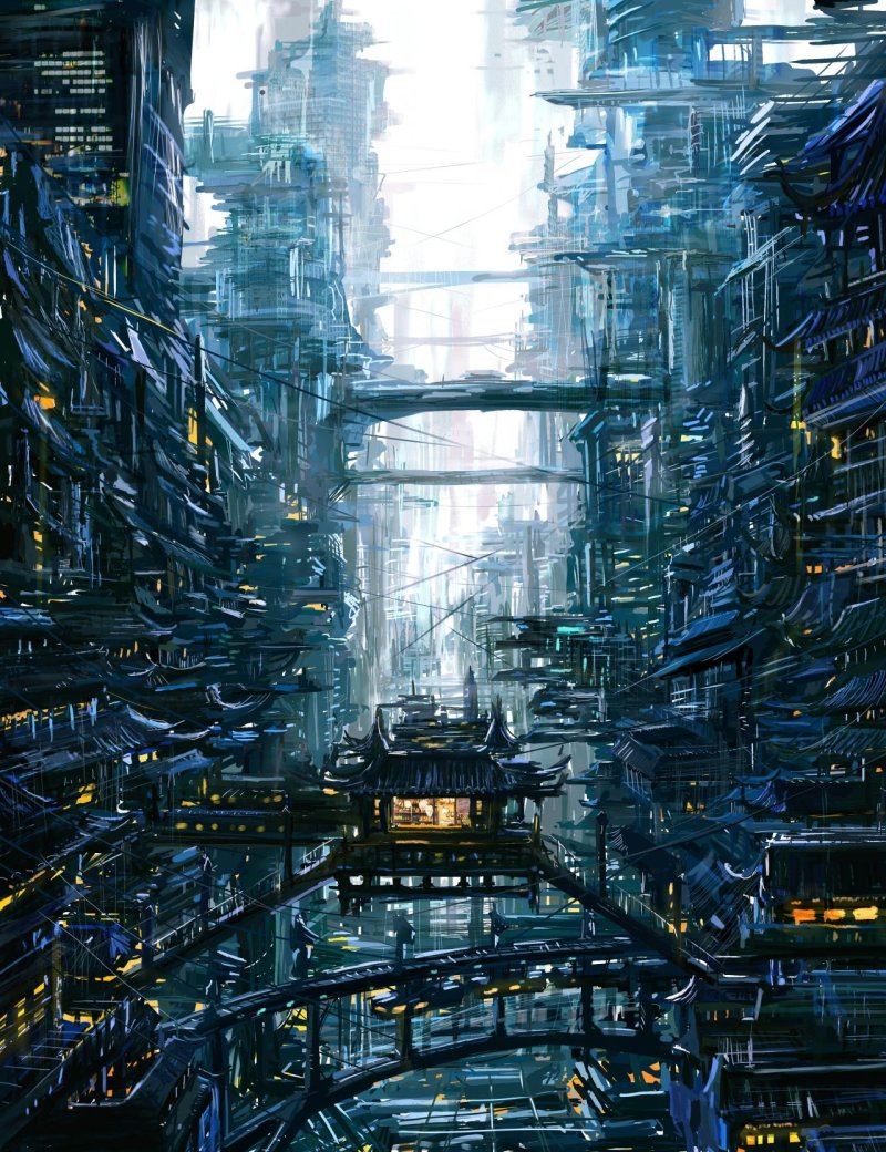 Cyberpunk город концепт арт