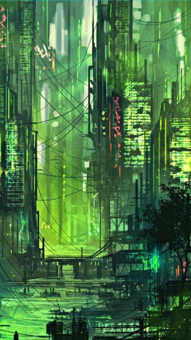 Cyberpunk art city зеленый