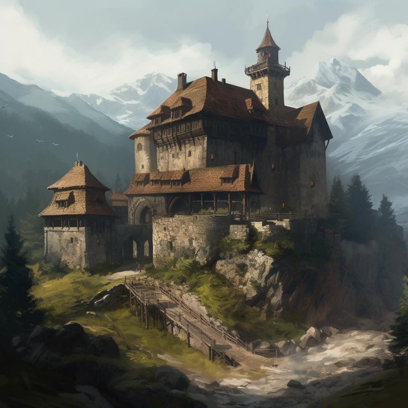 Fantasy art monastery among hills