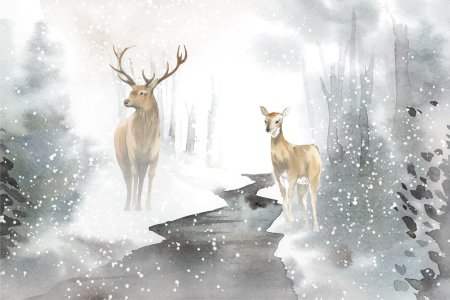 Олень в зимнем лесу рисунок
