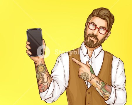 Хипстер с телефоном в руке рисунок