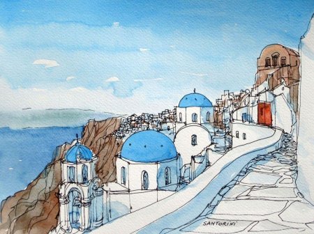 Санторини греция акварель