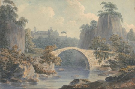 Джон уорвик смит – речной пейзаж с одинарным арочным мостом, 1797