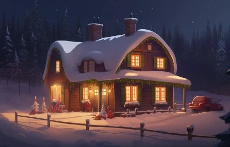 Новый год домик в лесу