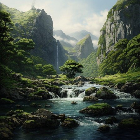 Mountain stream with trees