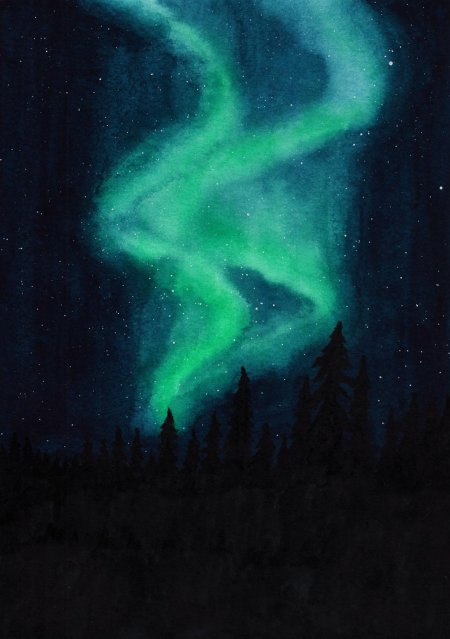 Северное сияние акварель