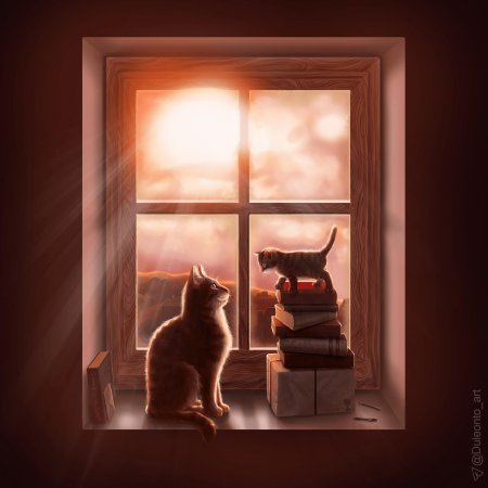 Кот в окошке на закате