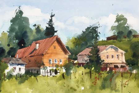 Пленер этюд акварелью деревня