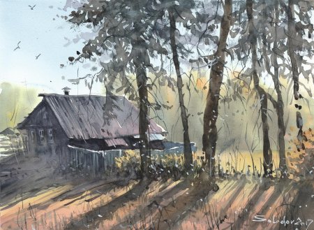 Деревенский пейзаж акварелью