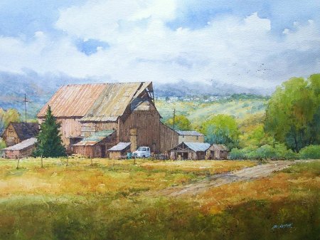 Сельский пейзаж акварелью
